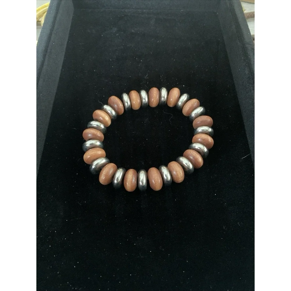 Bohemian Chic Natural Wooden And Silver Tone Metal Beaded Disc Stretch Bracelet